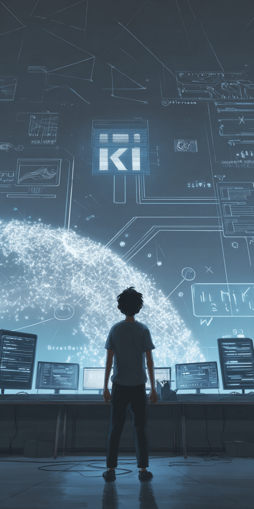 Junge betrachtet eine riesige Wand mit KI-Datenvisualisierungen und Netzwerken in einem futuristischen Kontrollzentrum.