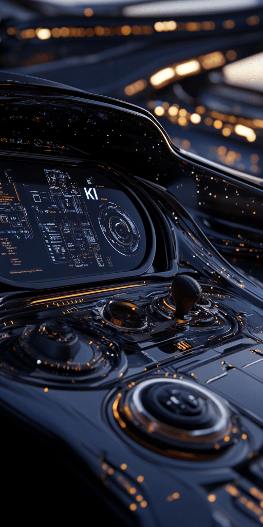 Detailaufnahme eines futuristischen Fahrzeug-Cockpits mit KI-gesteuertem Interface