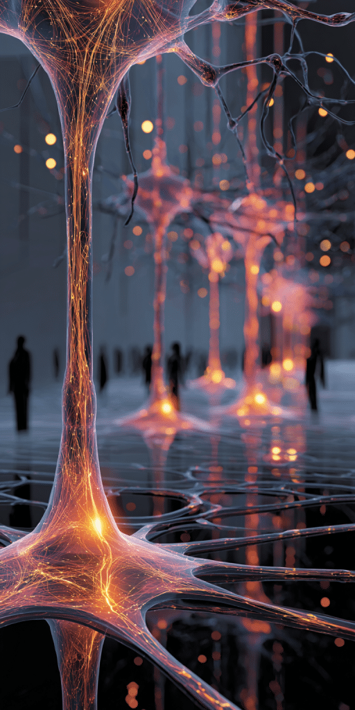 Abstrakte neuronale Strukturen mit leuchtenden Synapsen vor einem dunklen, futuristischen Hintergrund mit Silhouetten von Menschen.