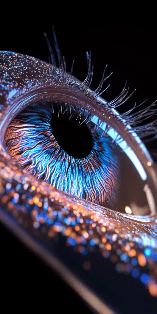 Makroaufnahme eines leuchtenden, futuristischen Auges mit irisierenden Farben