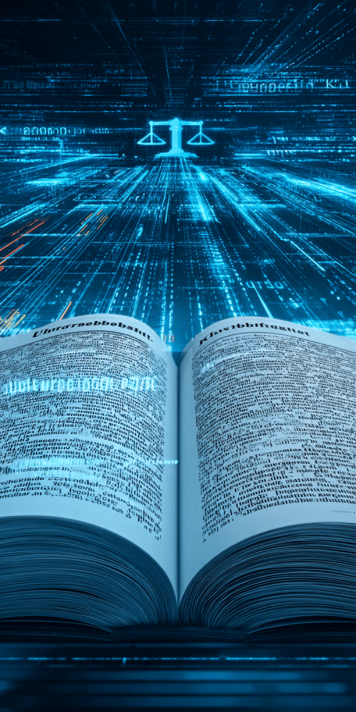 Aufgeschlagenes Gesetzbuch vor digitaler Darstellung von Justizsymbolen und Datenströmen
