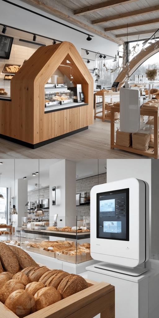 Moderne Bäckerei mit Holzdesign, Backwaren und digitalem Bestellterminal