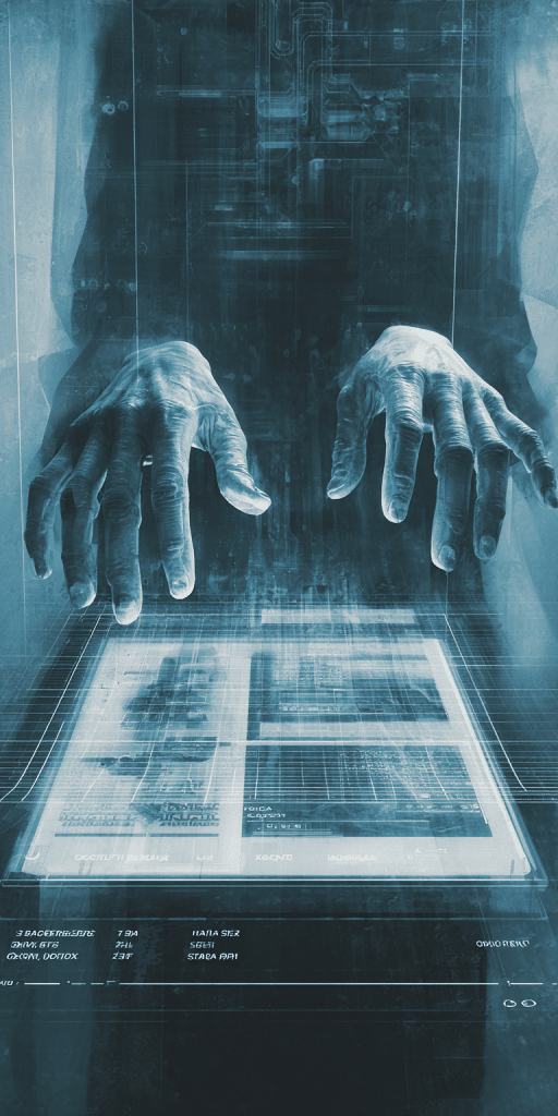 Zwei Hände interagieren mit einem holografischen Display in einem futuristischen Interface