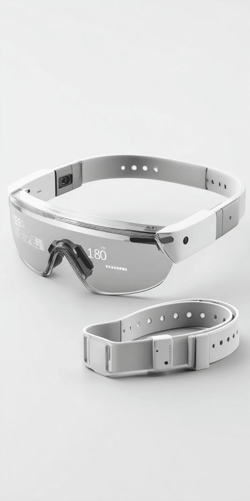 Weiße Augmented-Reality-Brille mit digitalen Anzeigen und integriertem Headset auf weißem Hintergrund.