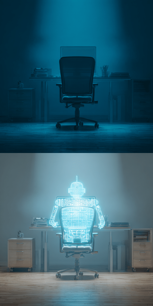 Zwei identische Schreibtischszenen, oben mit leerem Bürostuhl, unten mit einem leuchtenden, holografischen Roboter, der denselben Stuhl einnimmt.