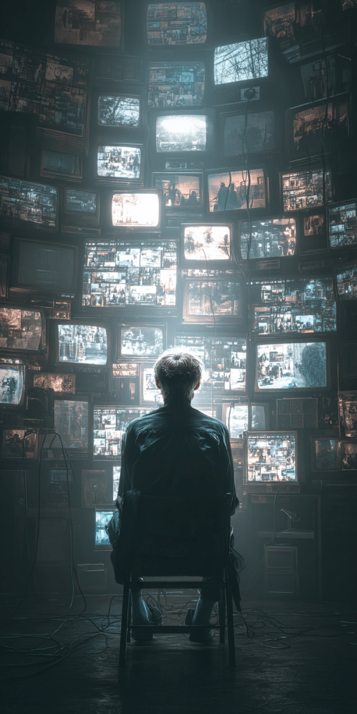 Rückansicht eines Mannes, der auf einem Stuhl vor einer Wand voller leuchtender Bildschirme sitzt