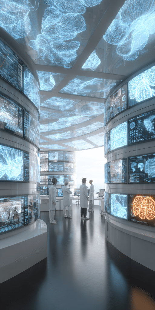 Ein helles, futuristisches Labor mit mehreren Wissenschaftlern, umgeben von transparenten Bildschirmen und leuchtenden Gehirnhologrammen an Decke und Wänden.
