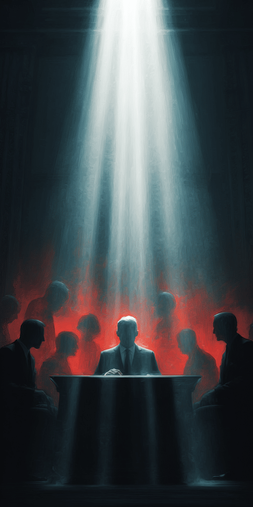 Eine düstere Szene zeigt eine Gruppe von Männern in Anzügen um einen Tisch, im Zentrum ein älterer Mann unter einem göttlich wirkenden Lichtstrahl, umgeben von roten Silhouetten.