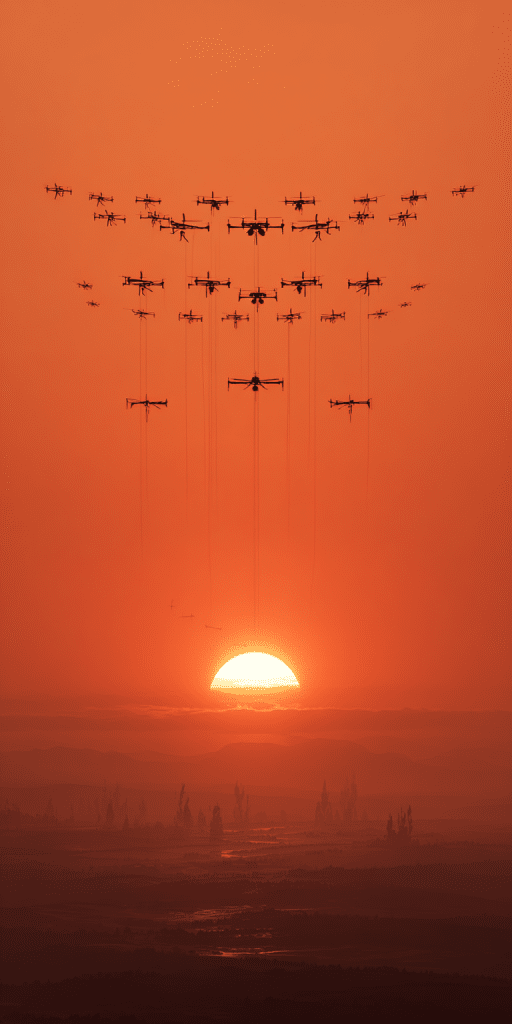 Mehrere Drohnen fliegen bei Sonnenuntergang über eine weite Landschaft mit orangerotem Himmel.