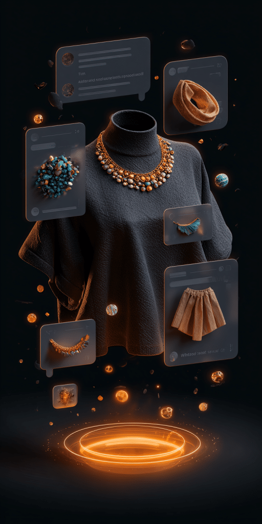 Ein schwarzer Stoffpullover mit goldfarbenem Statement-Schmuck wird in einem digitalen Raum von schwebenden Produktkarten und leuchtenden Icons umgeben.