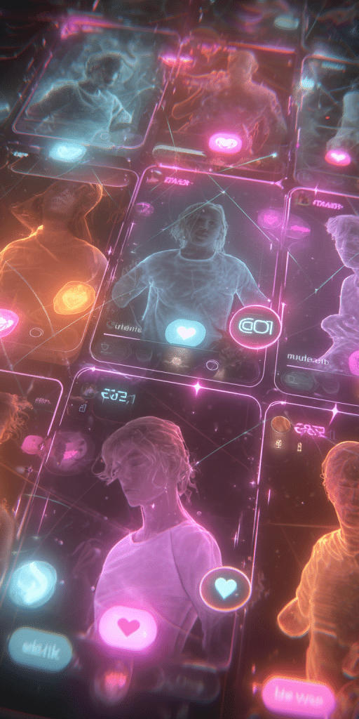 Neonleuchtende holografische Benutzerprofile in einer futuristischen Dating-App mit virtuellen Avataren, Herzen und Verbindungslinien.