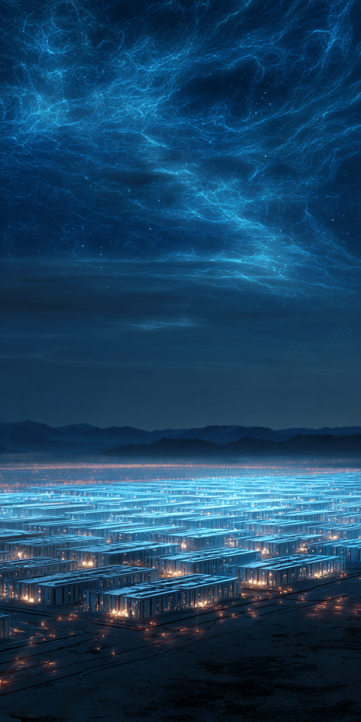 Reihen futuristischer Datenzentren mit blauen Lichtakzenten in einer weiten Wüstenlandschaft unter einem elektrisierenden Sternenhimmel.