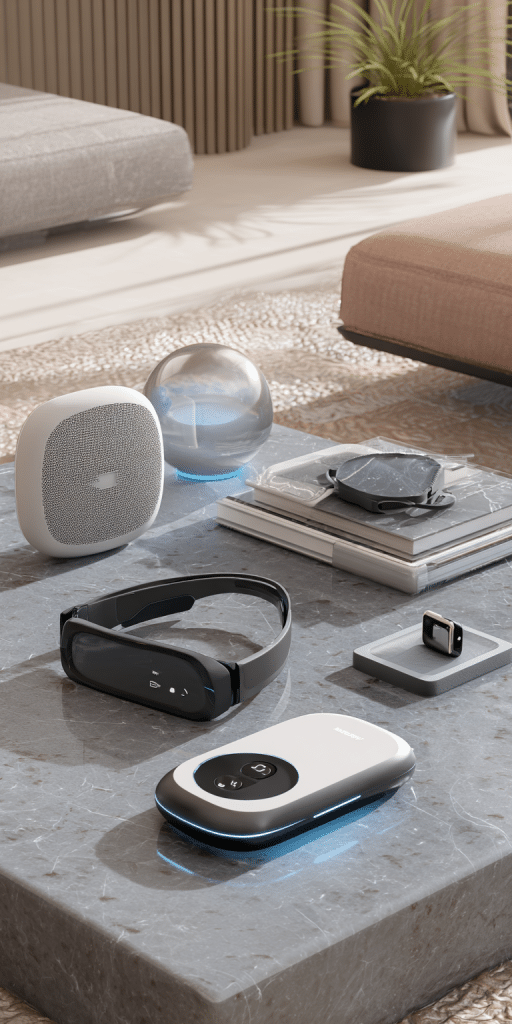 Ein stilvoll eingerichtetes Wohnzimmer mit modernen Smart-Geräten wie VR-Brille, Lautsprecher, Uhr und Touchpanel auf einem Marmortisch.