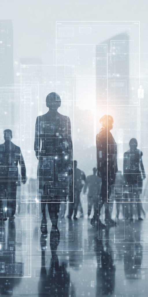 Digitale Silhouetten von Personen in moderner Stadtumgebung mit transparenten Interface-Elementen