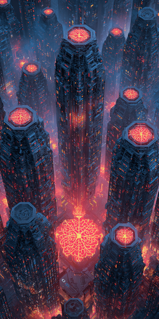 Düstere Hochhäuser mit leuchtenden, neuronengehirnartigen Strukturen auf den Dächern, die eine fortschrittliche KI-gesteuerte Stadt symbolisieren.
