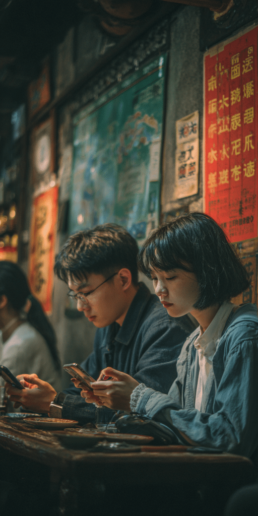 Zwei junge Erwachsene sitzen in einem stimmungsvoll beleuchteten Lokal und nutzen ihre Smartphones.