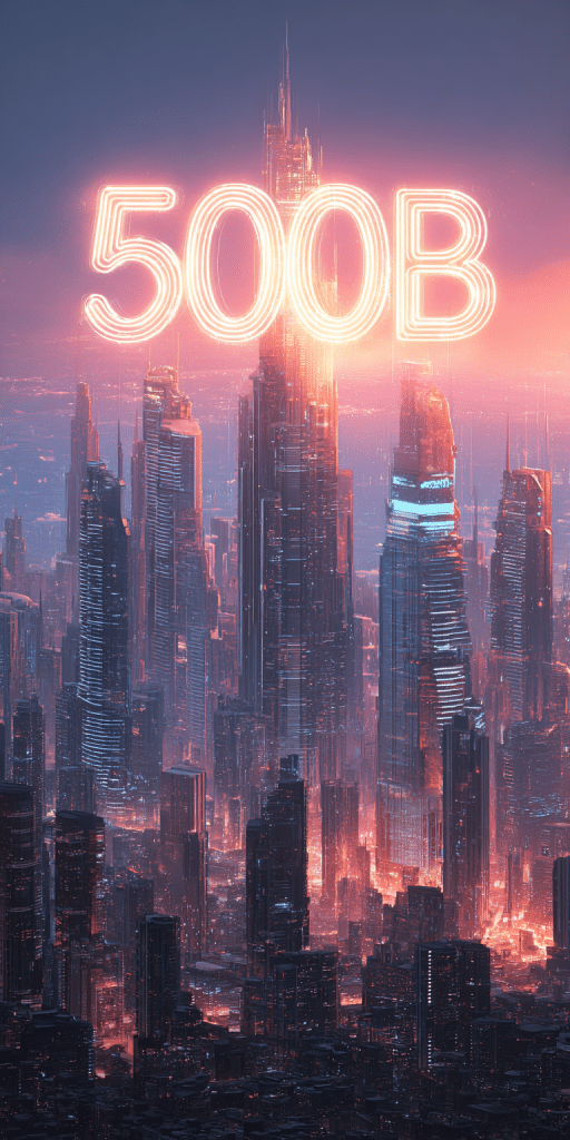 Neonbeleuchtete Skyline einer futuristischen Stadt mit der großen Aufschrift „500B“ über dem höchsten Gebäude