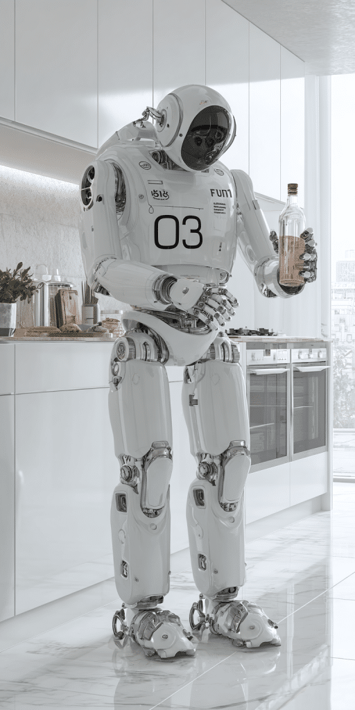 Weißer humanoider Roboter mit der Nummer 03 hält eine Glasflasche in einer hellen, modernen Küche
