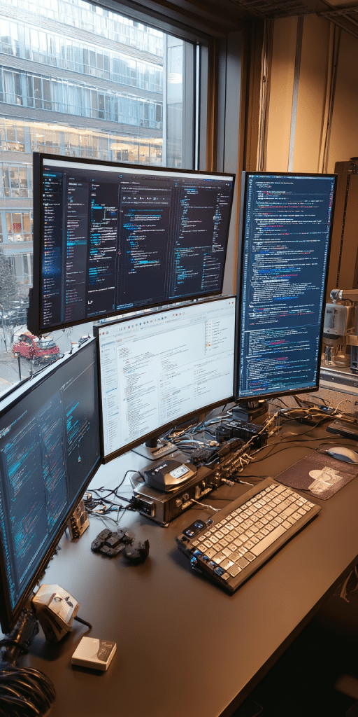 Programmier-Arbeitsplatz mit sechs Monitoren, auf denen Quellcode und Software-Tools angezeigt werden, in einem modernen Büro mit Fensterblick