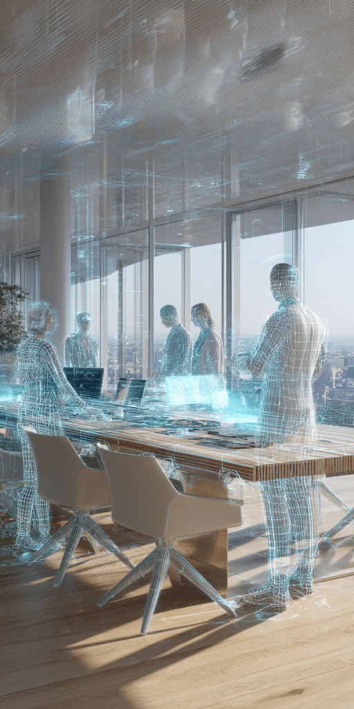 Virtuelle Menschen als Hologramme in einem modernen Konferenzraum mit Stadtblick
