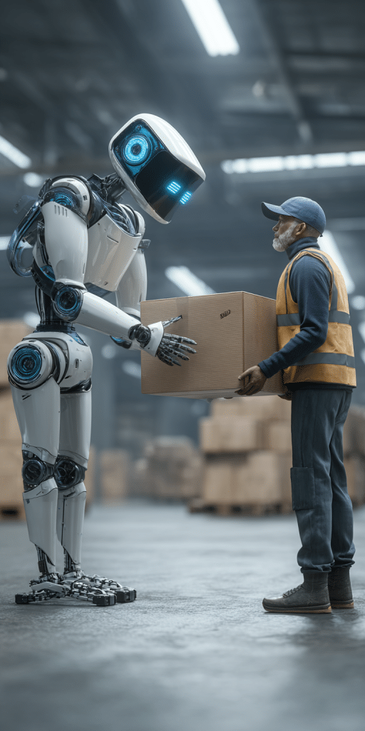 Roboter übergibt einem Lagerarbeiter ein Paket in moderner Logistikumgebung