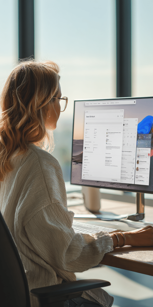 Frau arbeitet an einem Computerbildschirm in einem modernen Büro mit Tageslicht
