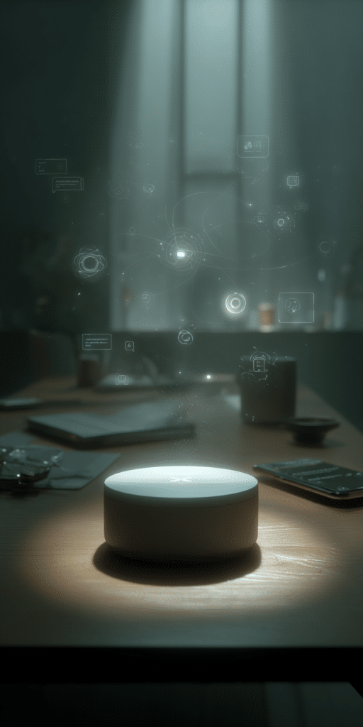 Leuchtendes, rundes Gerät projiziert holografische Symbole über einem modernen Schreibtisch in dunkler Umgebung