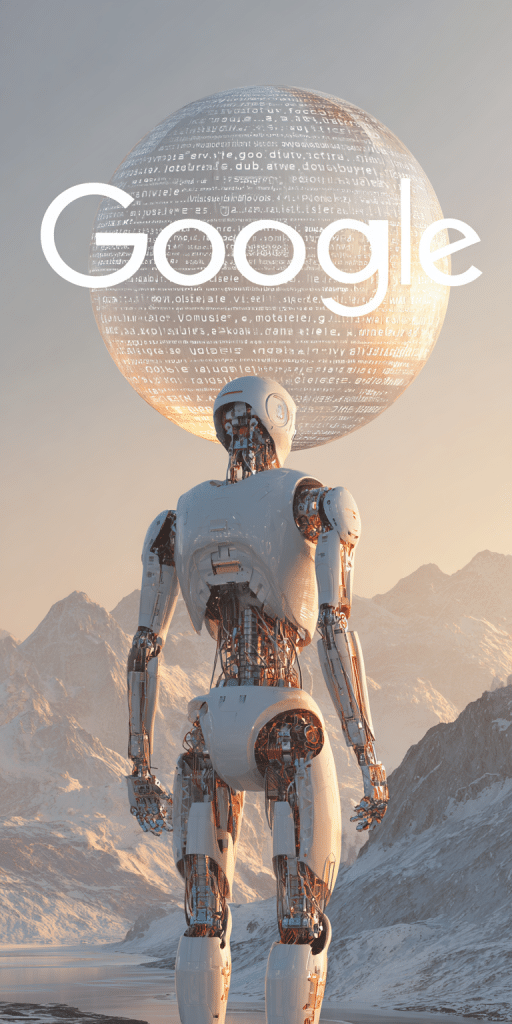Weißer humanoider Roboter steht vor einer Kugel mit Google-Logo und Datenfragmenten, umgeben von verschneiten Bergen