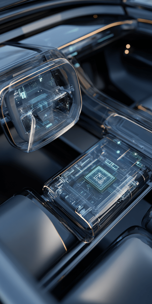 Hochtechnologisches Fahrzeug-Cockpit mit transparenten Touchscreens und digitalen Steuerungselementen