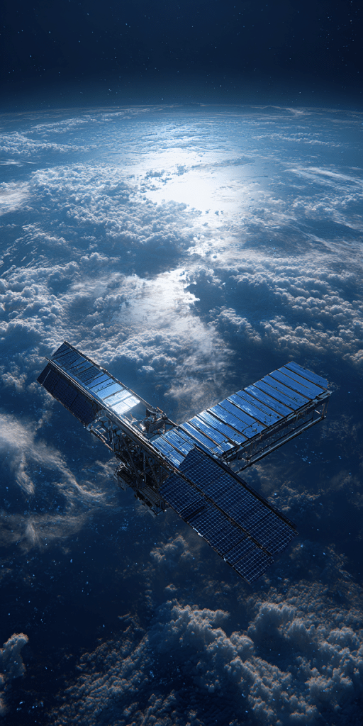 Solarbetriebener Satellit schwebt über der Erde mit sichtbarer Atmosphäre und Sternenhimmel