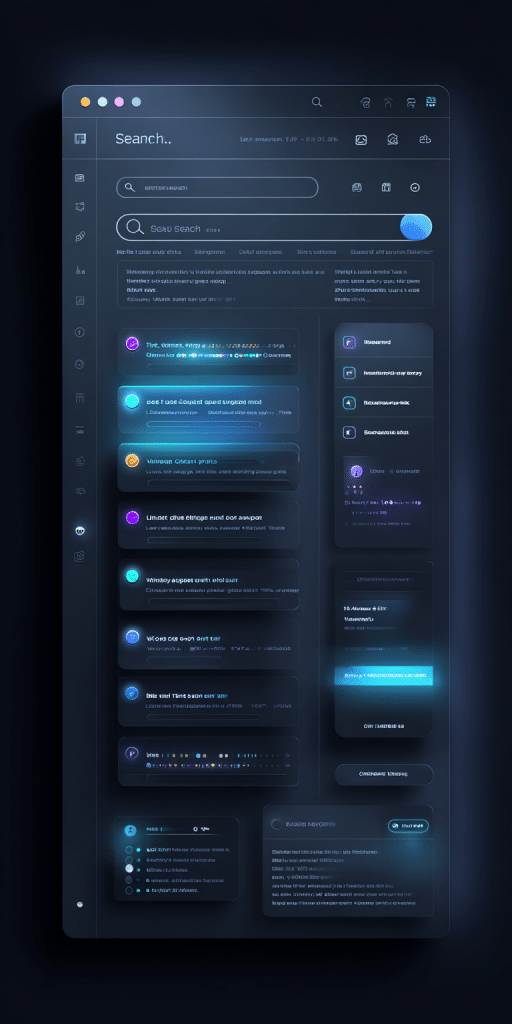 Dunkle Benutzeroberfläche einer modernen Suchmaschine mit neonblauen und violetten Highlights