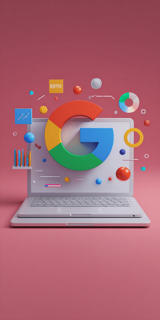 Google-Logo schwebt über einem Laptop, umgeben von bunten 3D-Daten- und Analyseelementen
