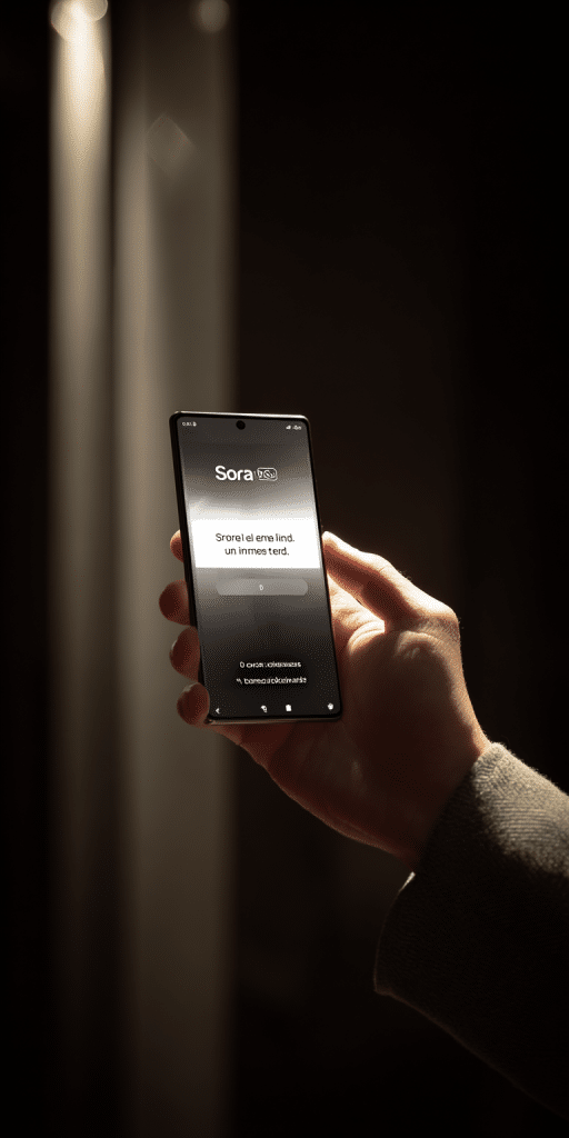 Hand hält ein Smartphone mit der App „Sora“ und unleserlichem Text vor dunklem Hintergrund