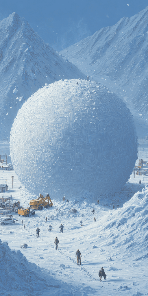 Menschen und Baufahrzeuge rund um eine riesige, kugelförmige Schneestruktur in einer verschneiten Berglandschaft