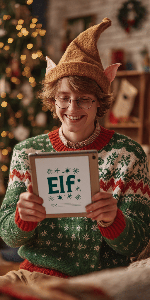 Junge mit Elfenhut und Weihnachts-Pullover hält ein Tablet mit dem Schriftzug „Elf“ vor einem Weihnachtsbaum