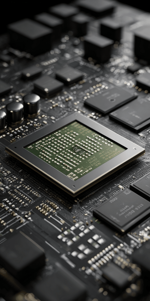 Detaillierte Nahaufnahme eines modernen Mikroprozessors auf einer Platine
