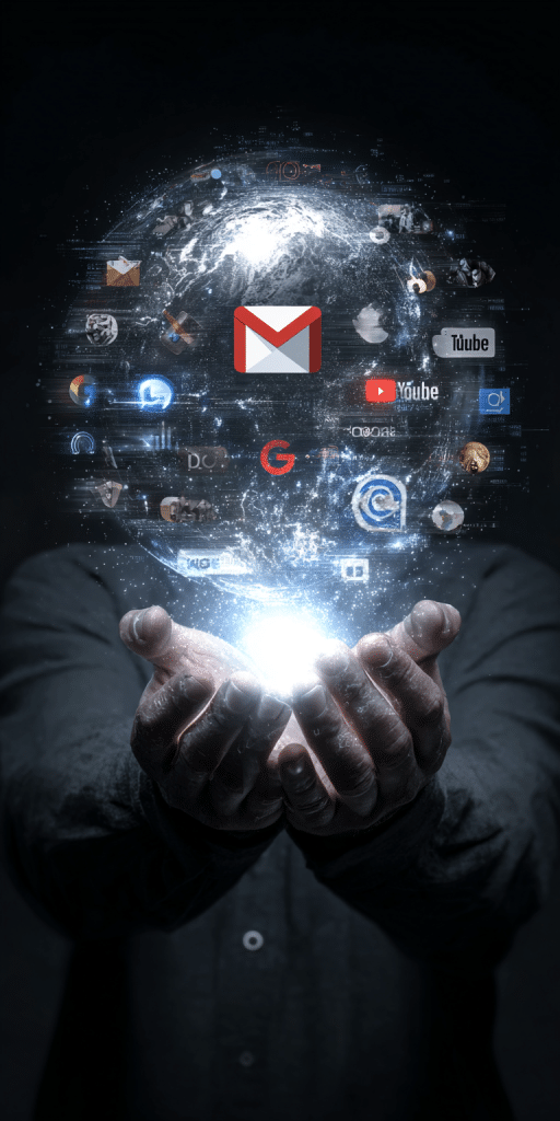 Hände halten eine leuchtende digitale Sphäre mit globalen App-Symbolen, darunter Gmail, YouTube und Google