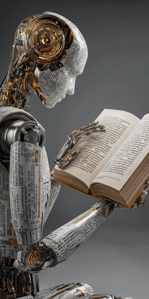 Humanoider Roboter aus Textbausteinen liest konzentriert ein aufgeschlagenes Buch