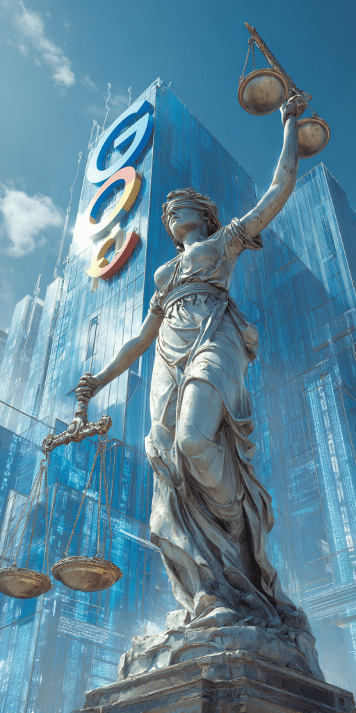 Statue der Justitia mit Waage vor einem modernen Big-Tech-Gebäude mit buntem Logo